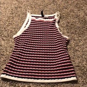 Blue, black and white top.